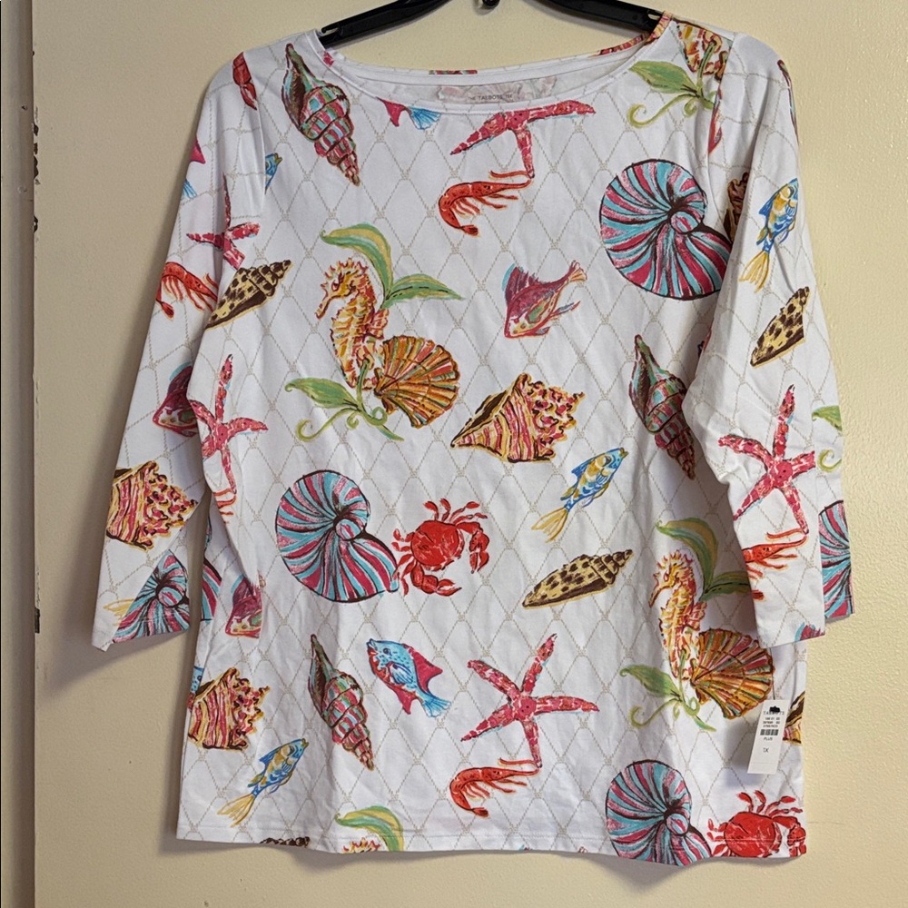 Talbots Multicolor Sea Life Print Long Sleeve Top 1X